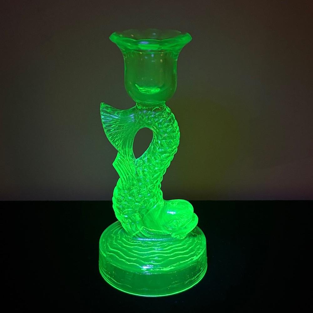 Vintage Tiffin Green Uranium Glass Koi Fish Candlestick 7 1/2”